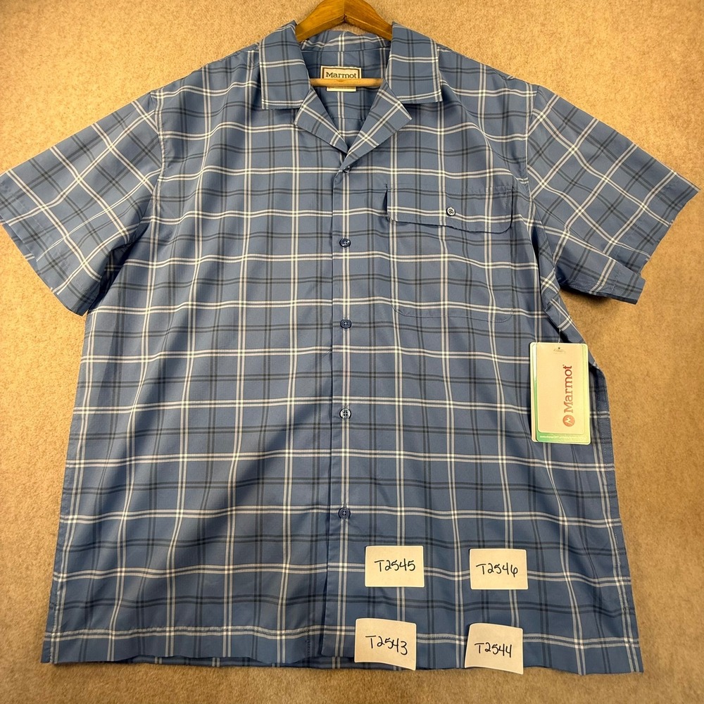 NWT Marmot AirExchange UPF 40 Camp Novelty Shirt Mens XL Blue Plaid Short Sleeve